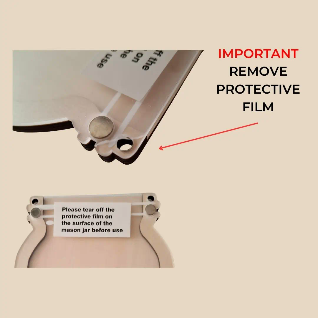 Step-by-step guide showing how to peel the clear protective film from the acrylic front of a Lambleera wooden reward jar.