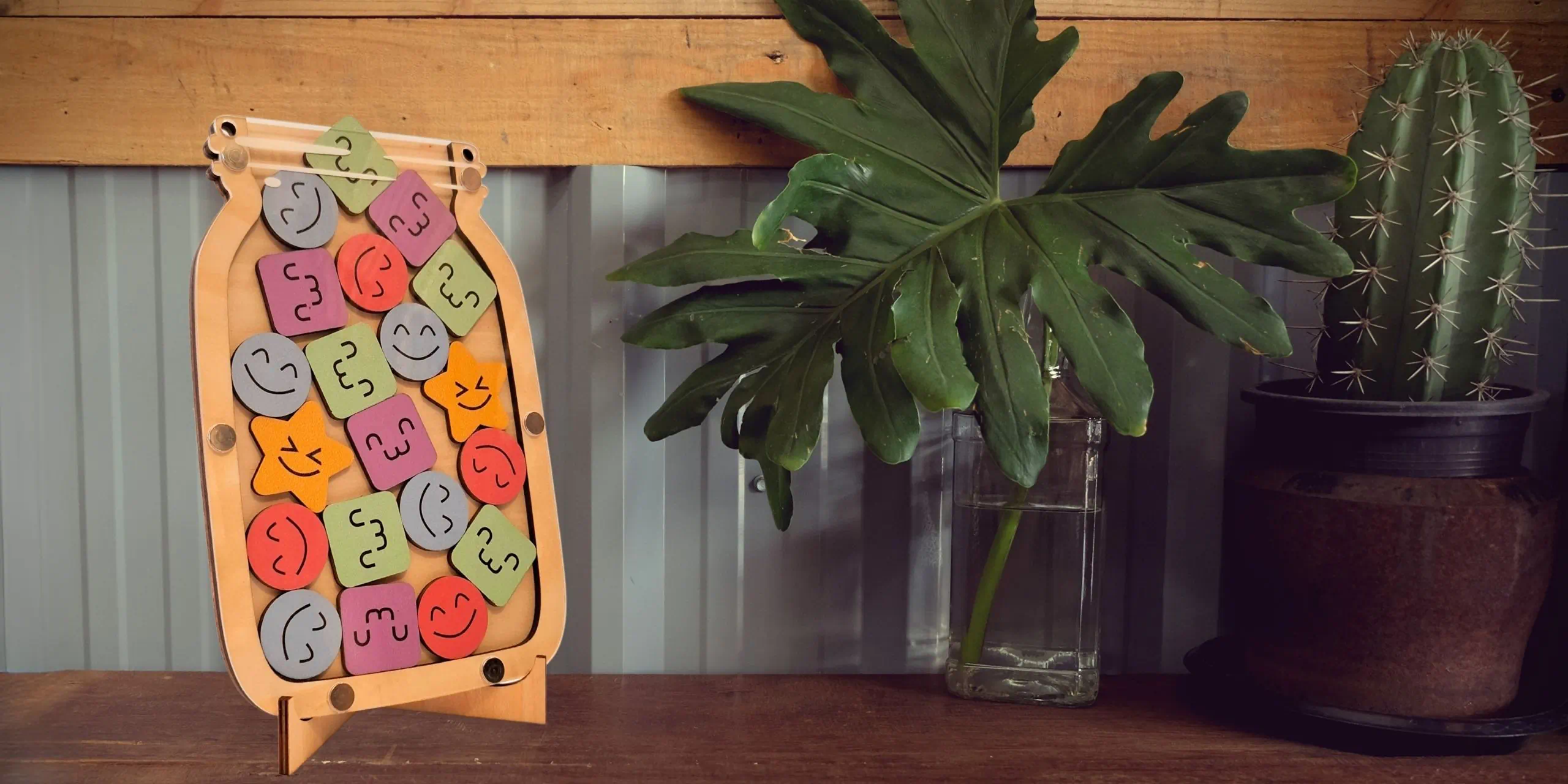 Lambleera magnetic reward jar displayed on a wooden stand and dark wood table, designed for positive reinforcement and home decor.